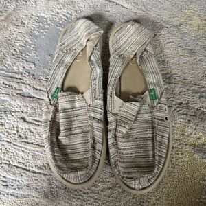 Sanuk Tan cream Striped Slip On Shoes flats Casual Loafers woven fabric 8